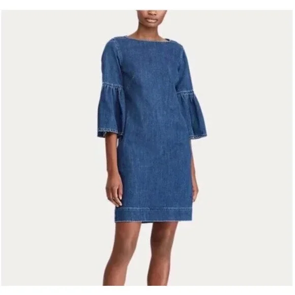 Ralph Lauren LRL Women's 6 Chambray Denim Bell Sleeve Shift Dress Festival 70's - Picture 12 of 14